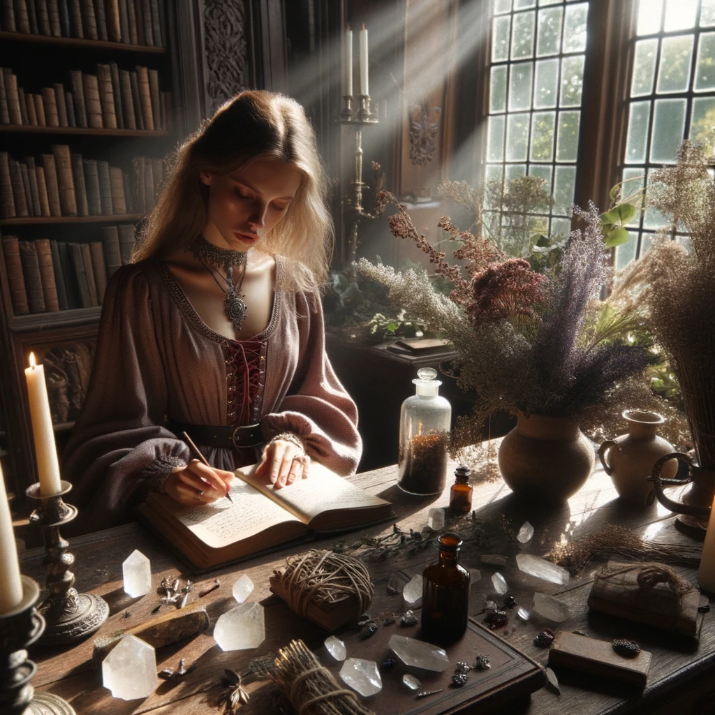 Une sorcière écrit dans son livre des ombres